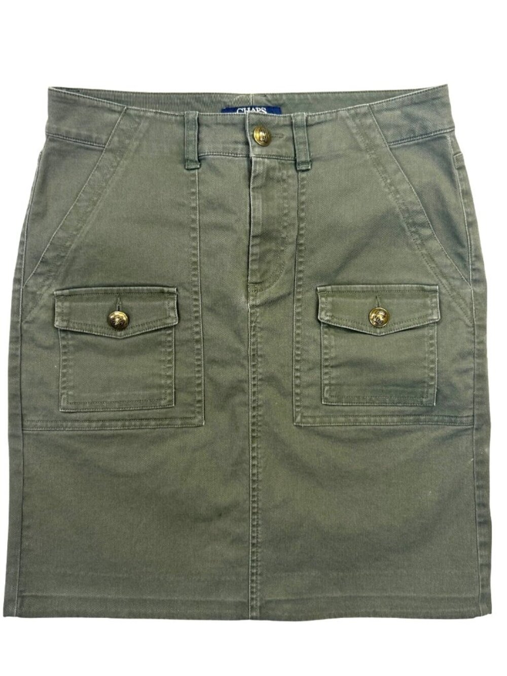 Chaps Army Green Cargo Mini Skirt Size 6 Preppy Academia Brass Buttons Pockets